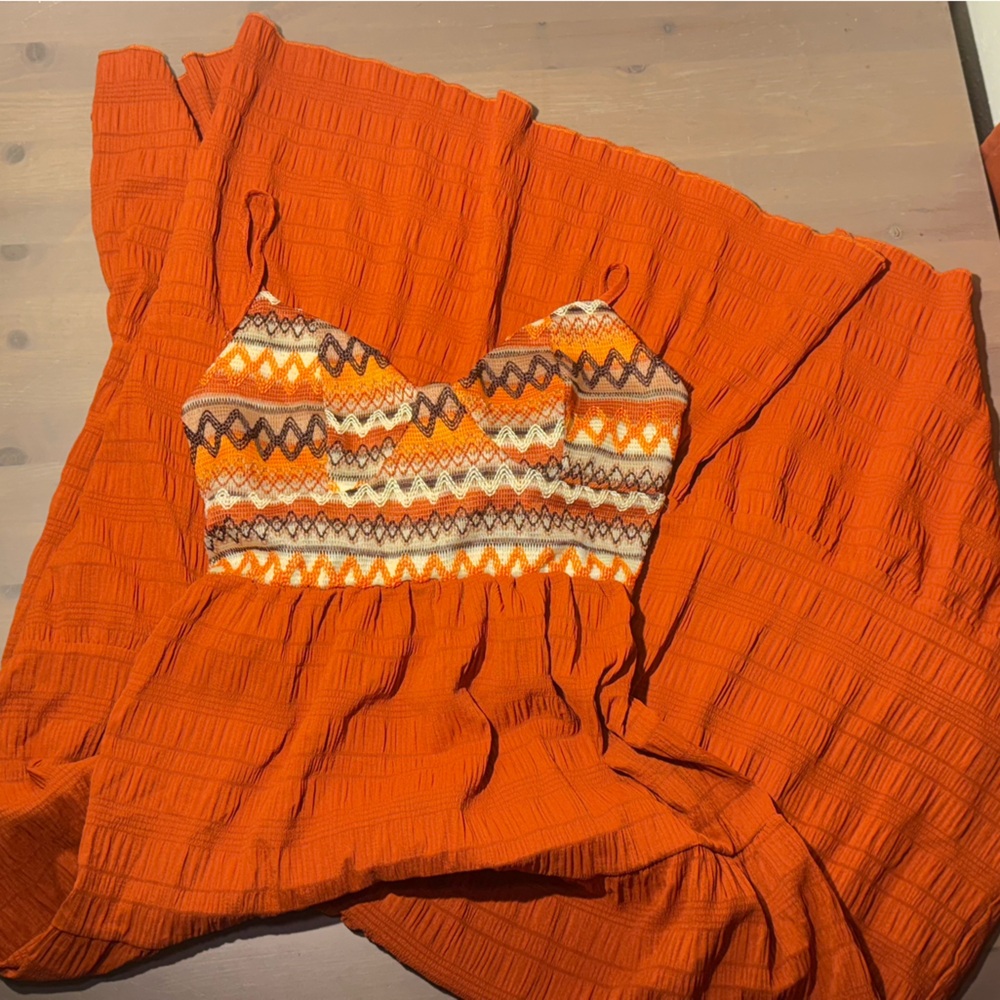 Orange Maxi Dress with Patterned Bodice